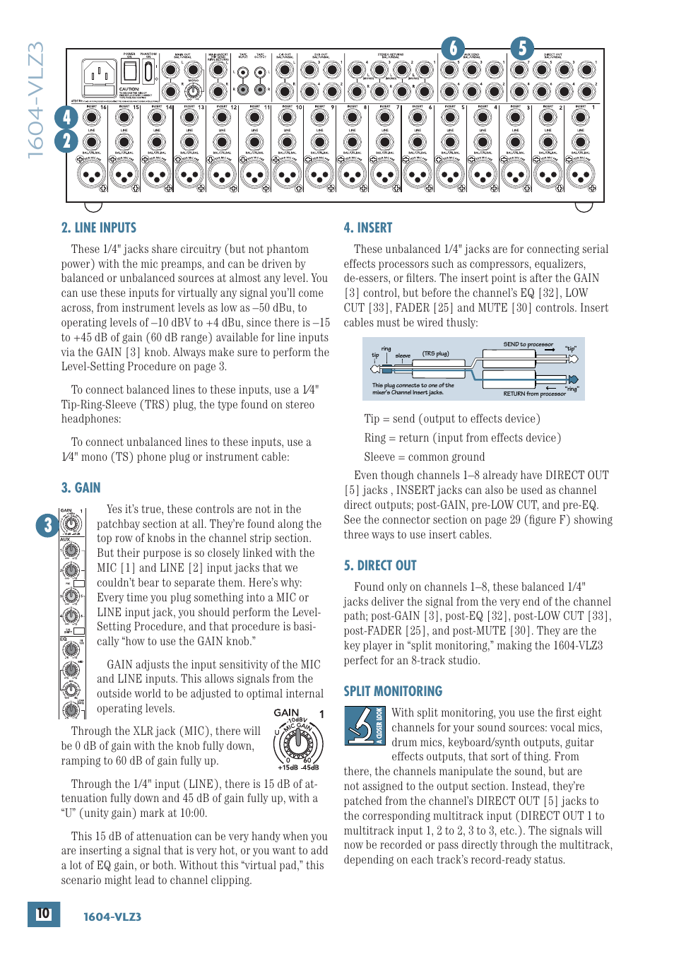 Line inputs, Gain, Insert | Direct out, Split monitoring | MACKIE 1604-VLZ3 User Manual | Page 10 / 36