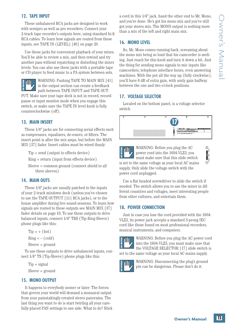 Tape input, Main insert, Main outs | Mono output, Mono level, Voltage selector, Power connection, Owner’ s manual | MACKIE 1604-VLZ3 User Manual | Page 13 / 36