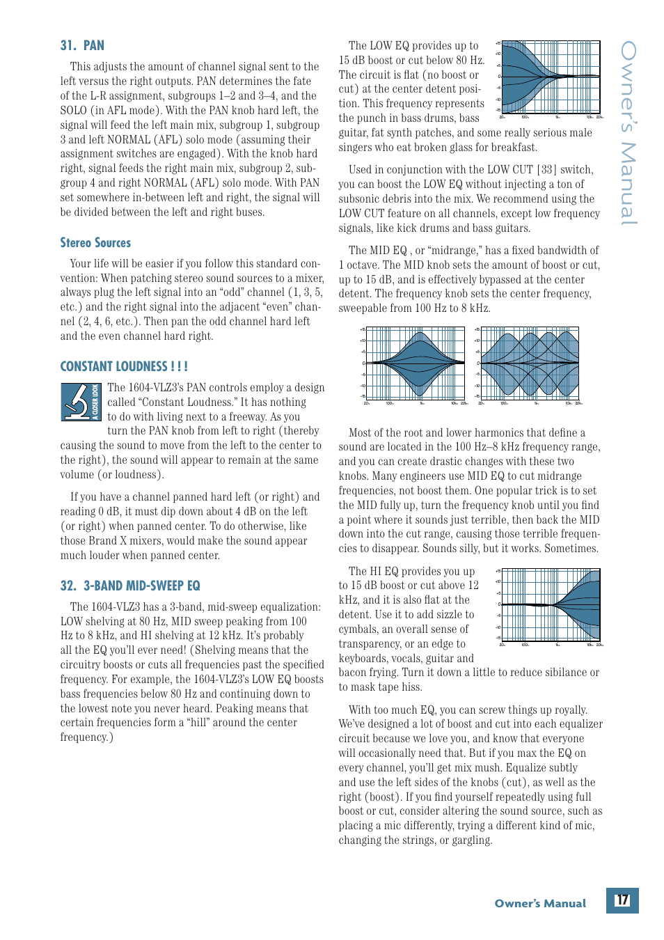 Stereo sources, Constant loudness, 3-band mid-sweep eq | Owner’ s manual, Owner’s manual | MACKIE 1604-VLZ3 User Manual | Page 17 / 36