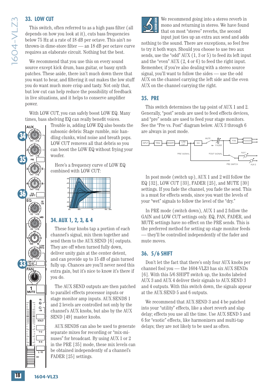 Low cut, Aux 1, 2, 3, & 4, 5/6 shift | MACKIE 1604-VLZ3 User Manual | Page 18 / 36