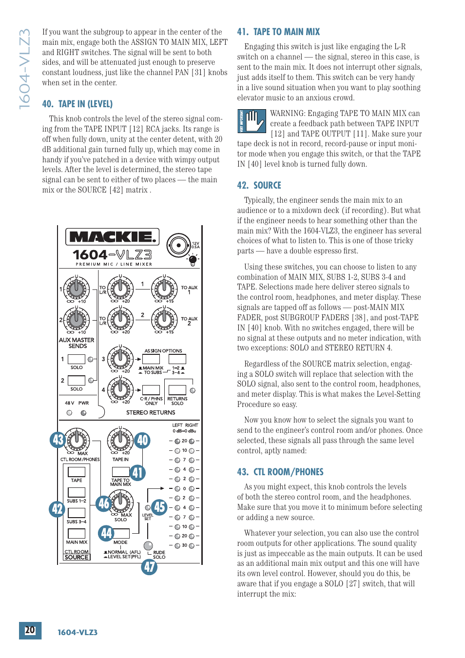 Tape in (level), Tape to main mix, Source | Ctl room/phones | MACKIE 1604-VLZ3 User Manual | Page 20 / 36
