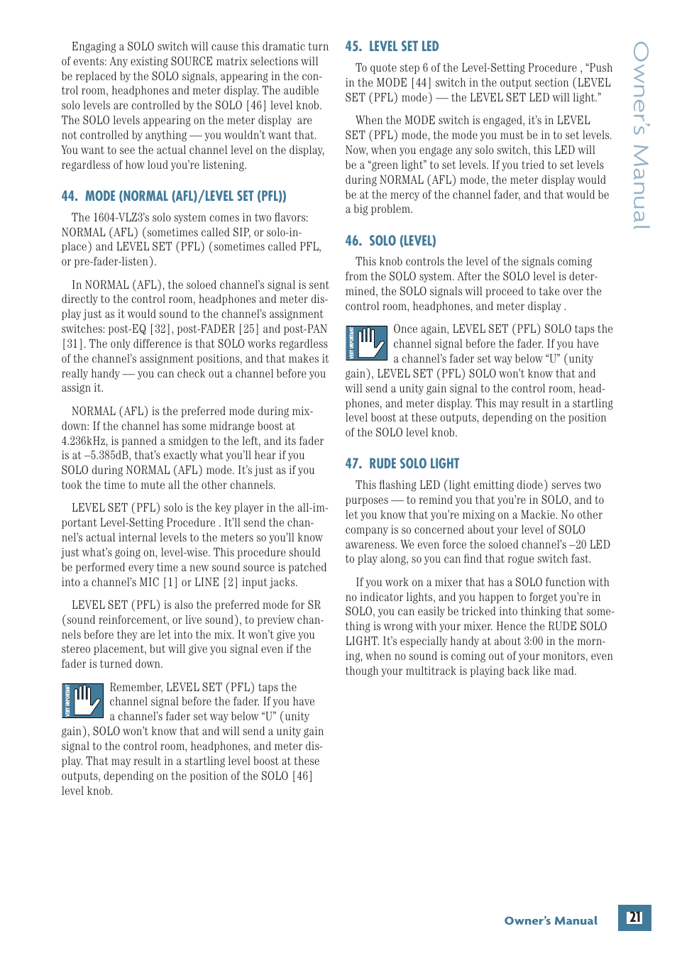 Mode (normal (afl)/level set (pfl)), Level set led, Solo (level) | Rude solo light, Owner’ s manual | MACKIE 1604-VLZ3 User Manual | Page 21 / 36