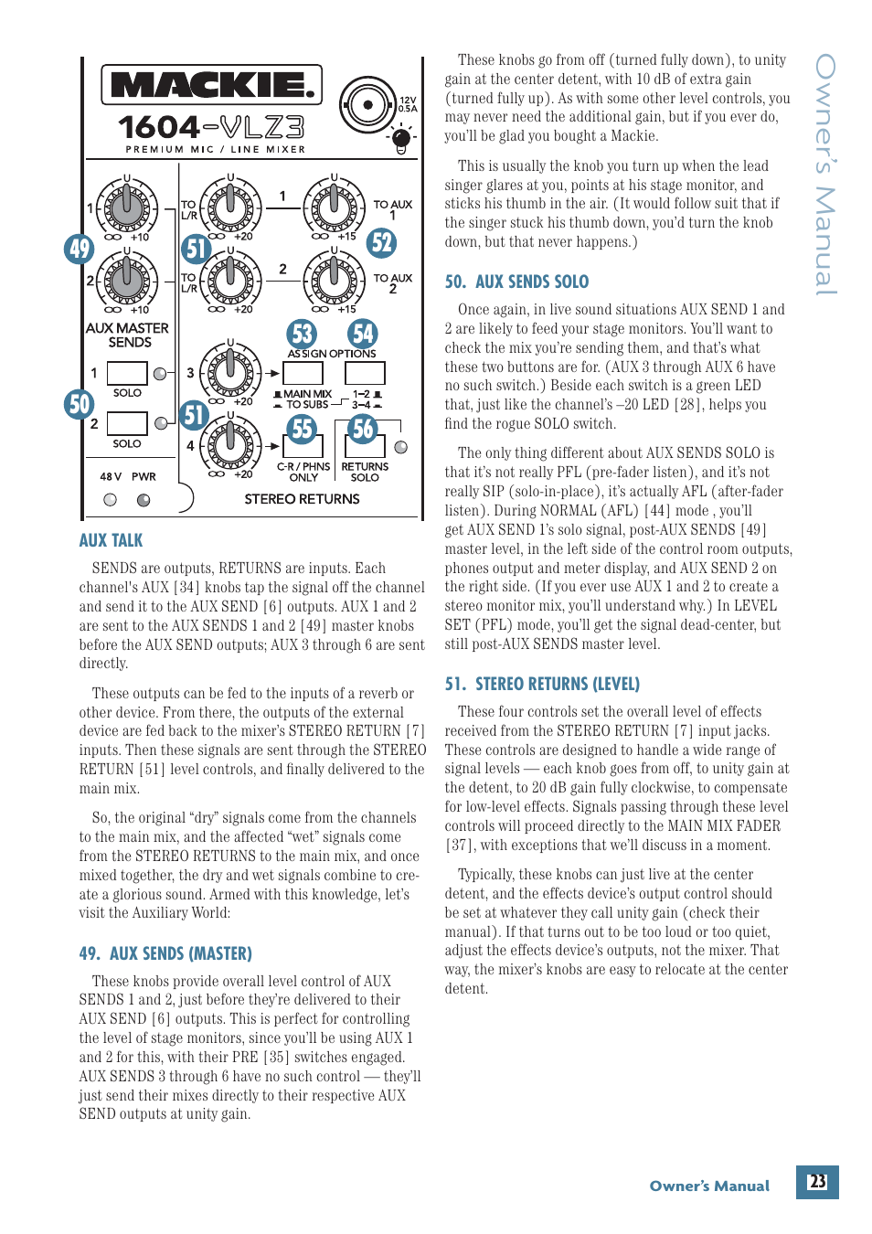 Aux talk, Aux sends (master), Aux sends solo | Stereo returns (level), Owner’ s manual | MACKIE 1604-VLZ3 User Manual | Page 23 / 36