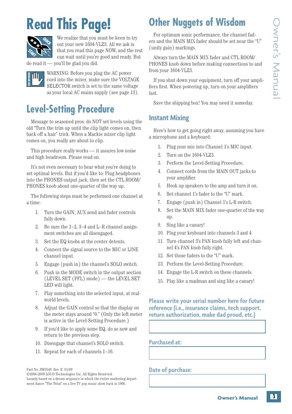 Read this page, Other nuggets of wisdom, Level-setting procedure | Owner’ s manual, Instant mixing | MACKIE 1604-VLZ3 User Manual | Page 3 / 36