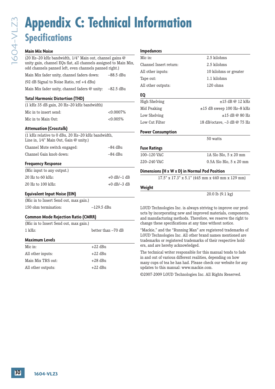 Appendix c: technical information, Specifi cations | MACKIE 1604-VLZ3 User Manual | Page 30 / 36