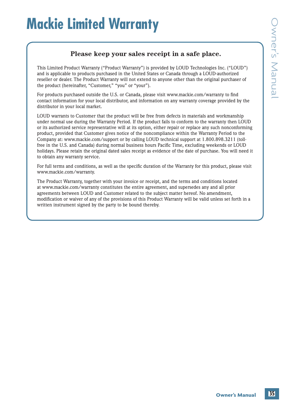 1604-vlz3 limited warranty, Mackie limited warranty, Owner’ s manual | MACKIE 1604-VLZ3 User Manual | Page 35 / 36