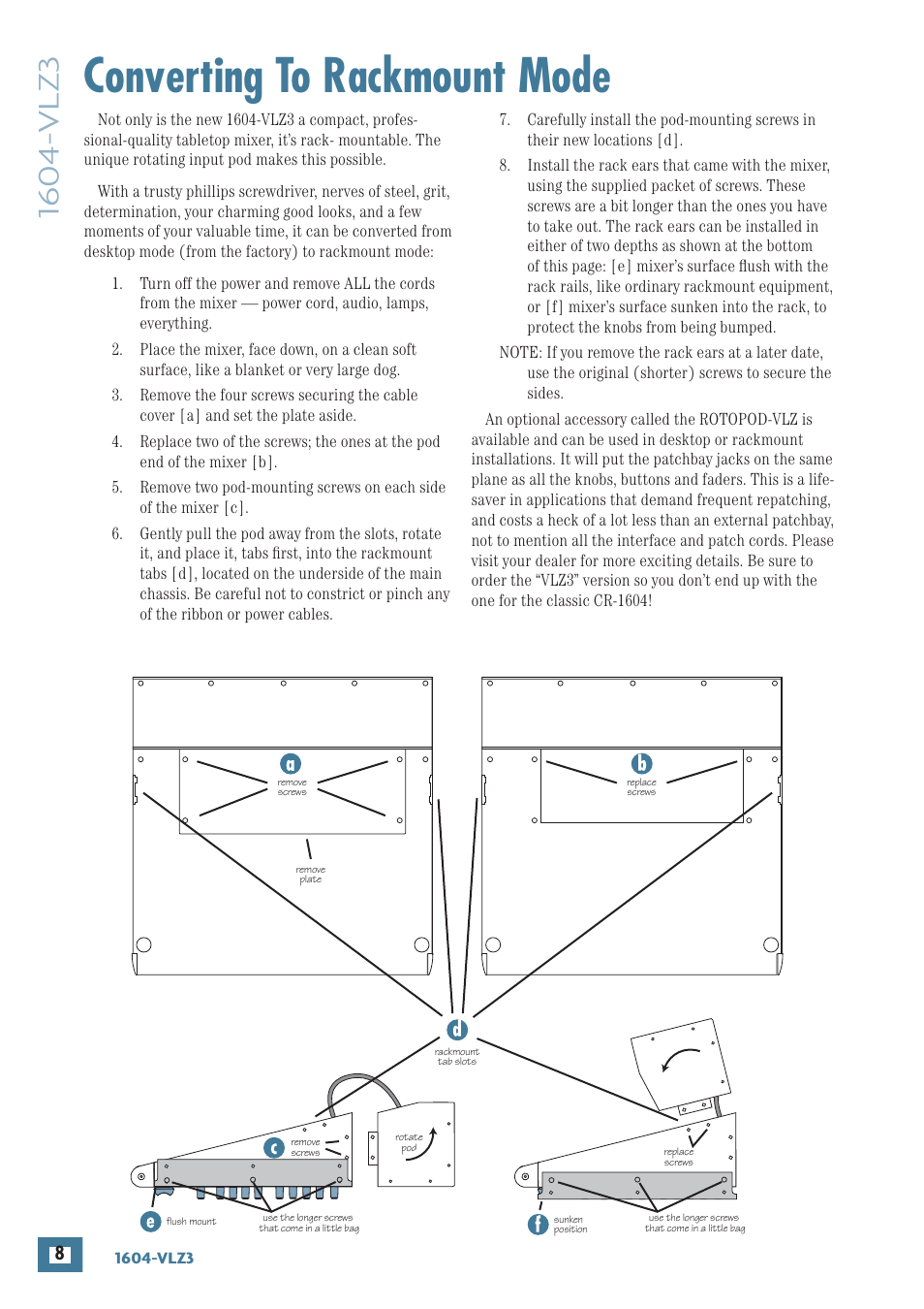 Converting to rackmount mode | MACKIE 1604-VLZ3 User Manual | Page 8 / 36