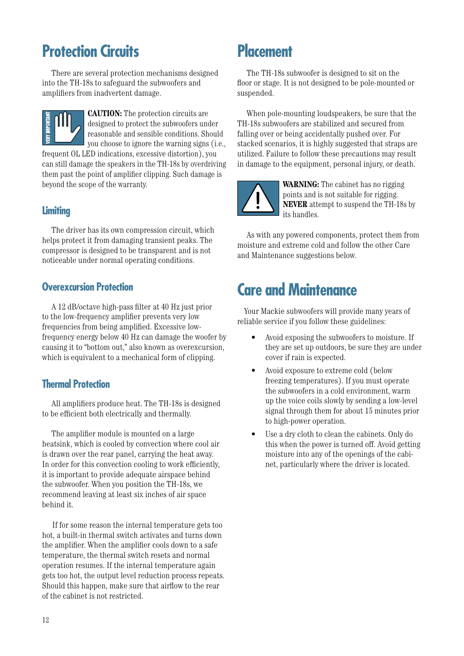 Protection circuits, Limiting, Overexcursion protection | Thermal protection, Placement, Care and maintenance | MACKIE TH-18S User Manual | Page 12 / 18