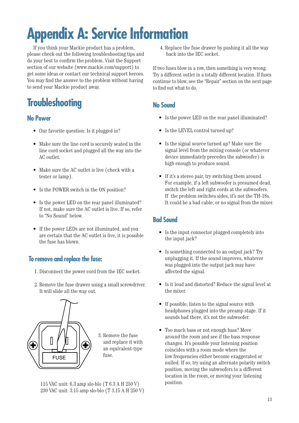 Appendix a: service information, Troubleshooting | MACKIE TH-18S User Manual | Page 13 / 18