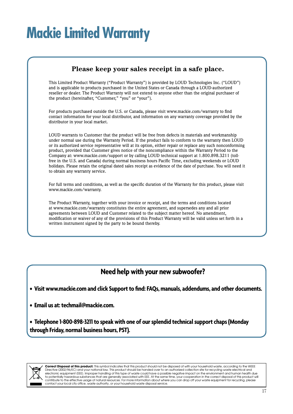 Th-18s limited warranty, Mackie limited warranty, Need help with your new subwoofer | Please keep your sales receipt in a safe place | MACKIE TH-18S User Manual | Page 17 / 18
