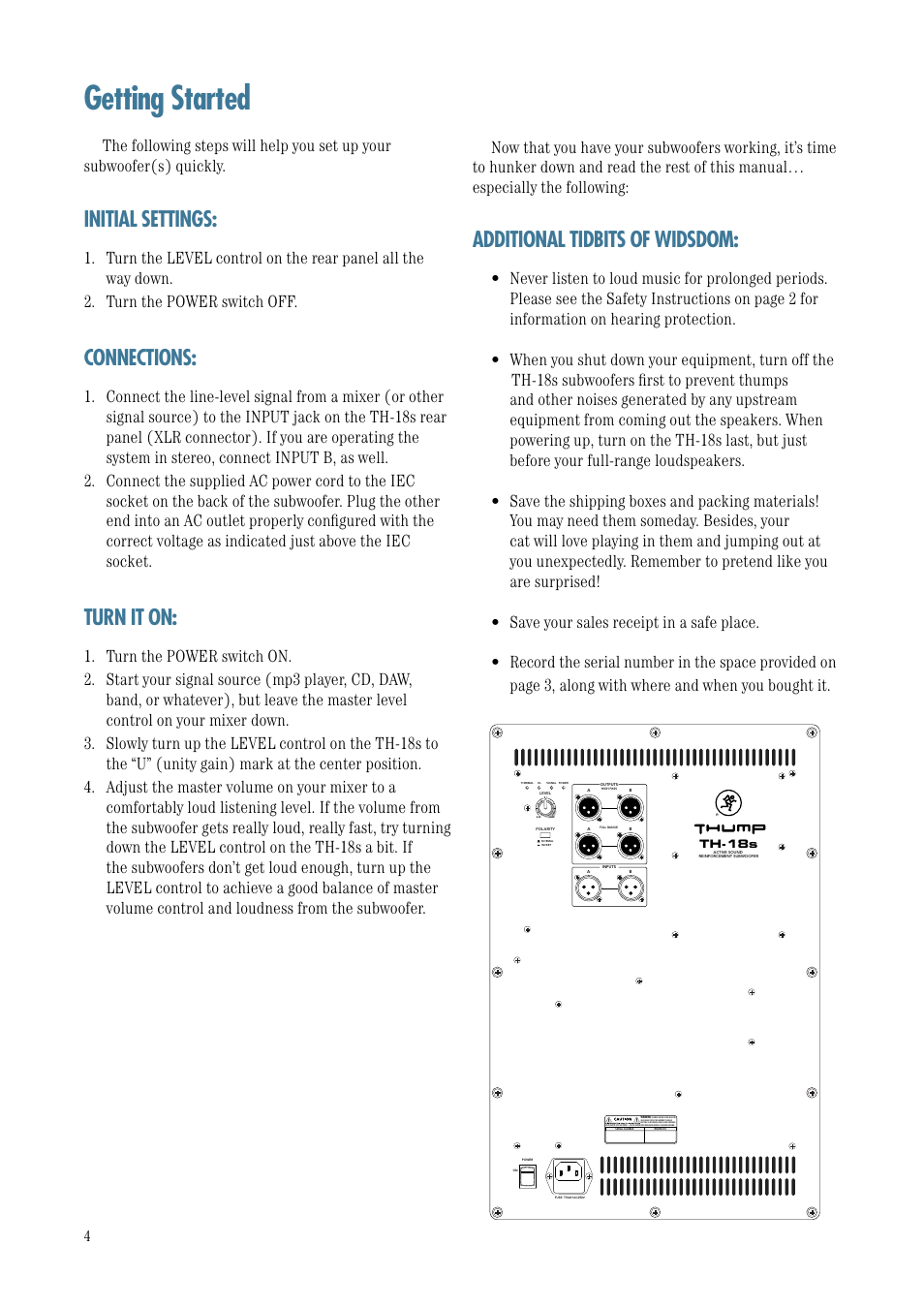 Getting started, Initial settings, Connections | Turn it on, Additional tidbits of wisdom, Additional tidbits of widsdom | MACKIE TH-18S User Manual | Page 4 / 18