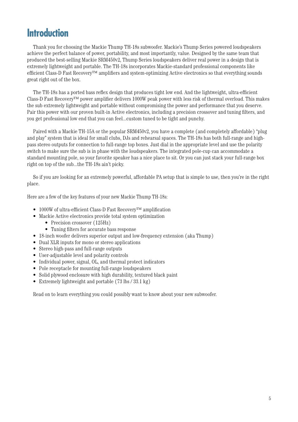 Introduction | MACKIE TH-18S User Manual | Page 5 / 18