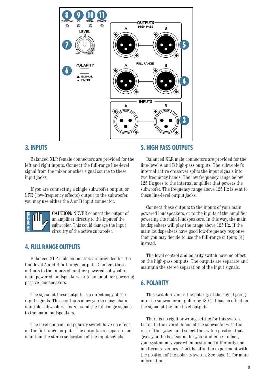 Inputs, Full range outputs, High pass outputs | Polarity, Th-18s | MACKIE TH-18S User Manual | Page 9 / 18