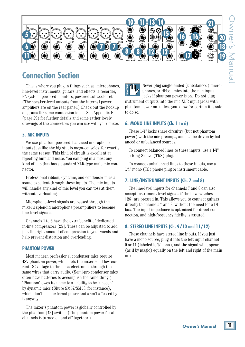 Mic inputs, Connection section, Mono line inputs (ch. 1 to 6) | Line/instrument inputs (ch. 7 and 8), Stereo line inputs (ch. 9/10 and 11/12), Owner’ s manual, Phantom power, Owner’s manual | MACKIE PPM1012 User Manual | Page 11 / 36