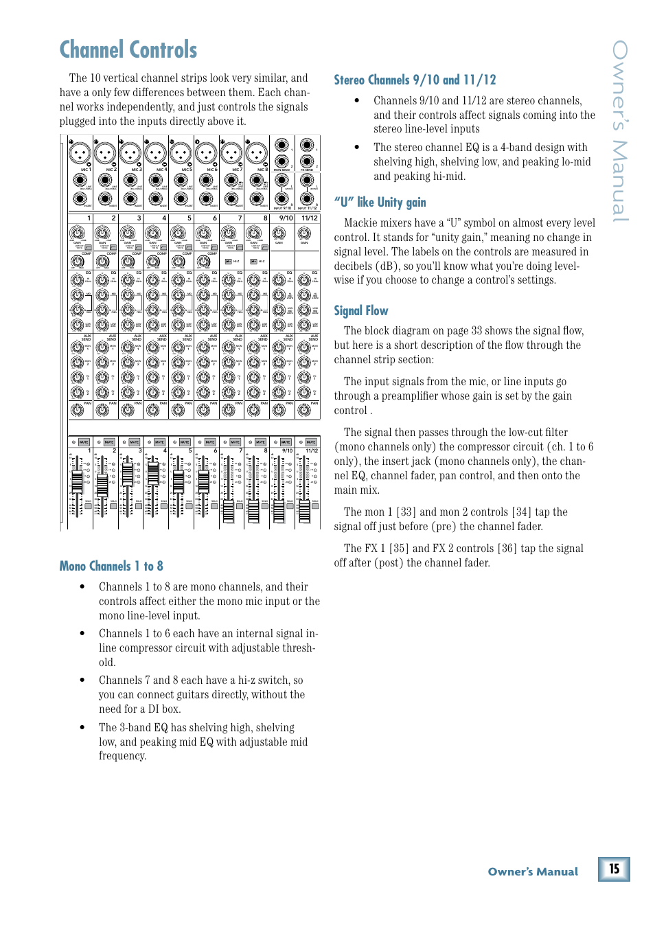 Channel controls, Owner’ s manual, Mono channels 1 to 8 | U” like unity gain, Signal flow, Owner’s manual | MACKIE PPM1012 User Manual | Page 15 / 36