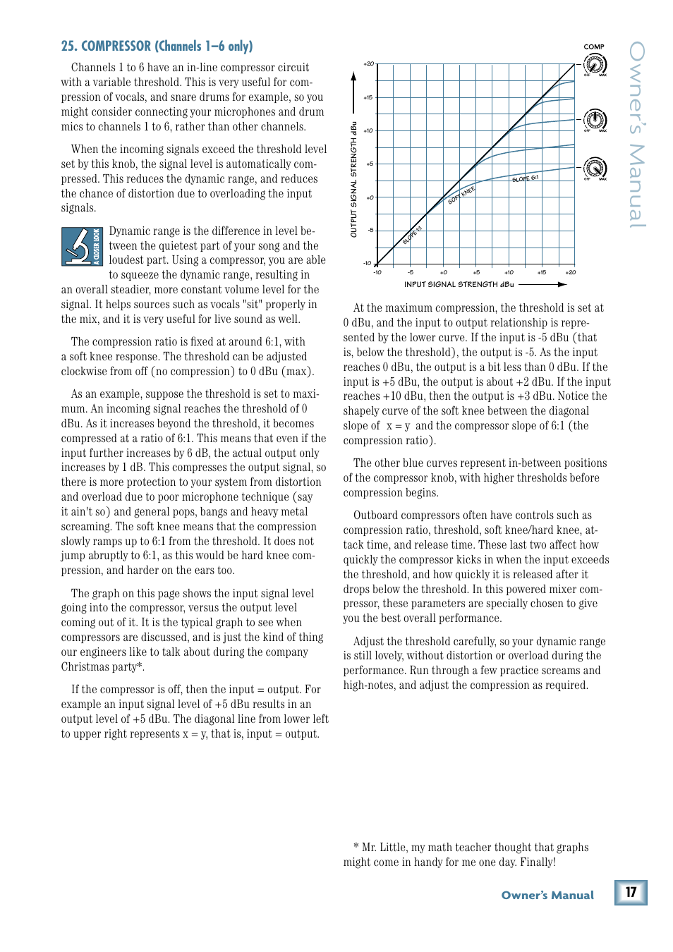 Compressor (channels 1–6 only), Compressor, Owner’ s manual | Owner’s manual | MACKIE PPM1012 User Manual | Page 17 / 36