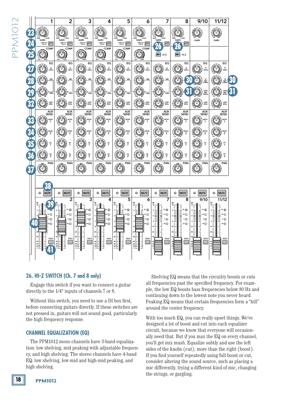 Hi-z switch (ch. 7 and 8 only), Hi-z switch, Ppm1012 | Channel equalization (eq), Ppm101, Main equalizer mon 1 equalizer, 2main | MACKIE PPM1012 User Manual | Page 18 / 36