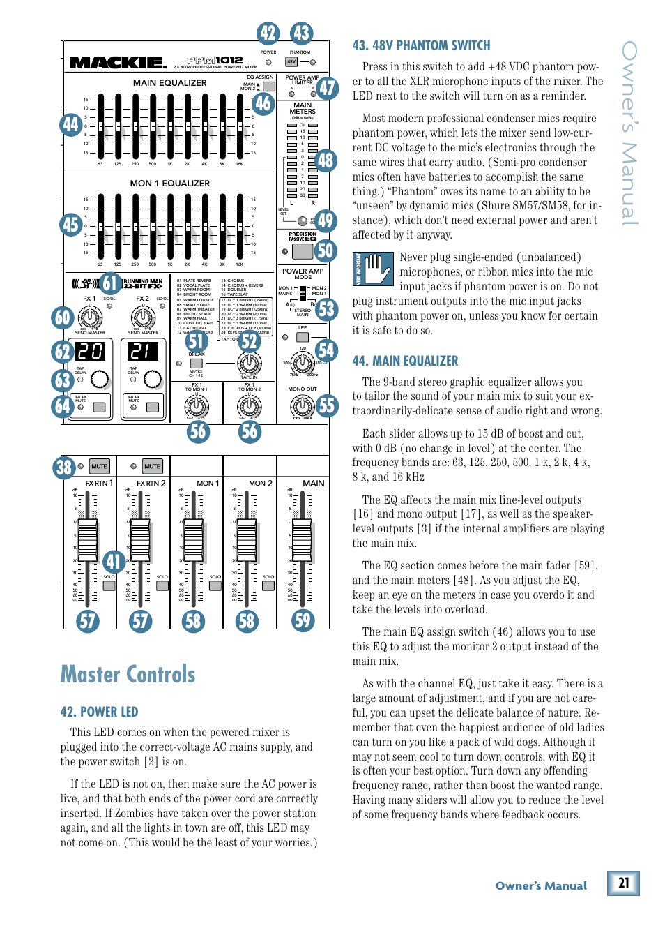 Power led, Master controls, 48v phantom switch | Main equalizer, Owner’ s manual, Owner’s manual, Main equalizer mon 1 equalizer, 2main | MACKIE PPM1012 User Manual | Page 21 / 36