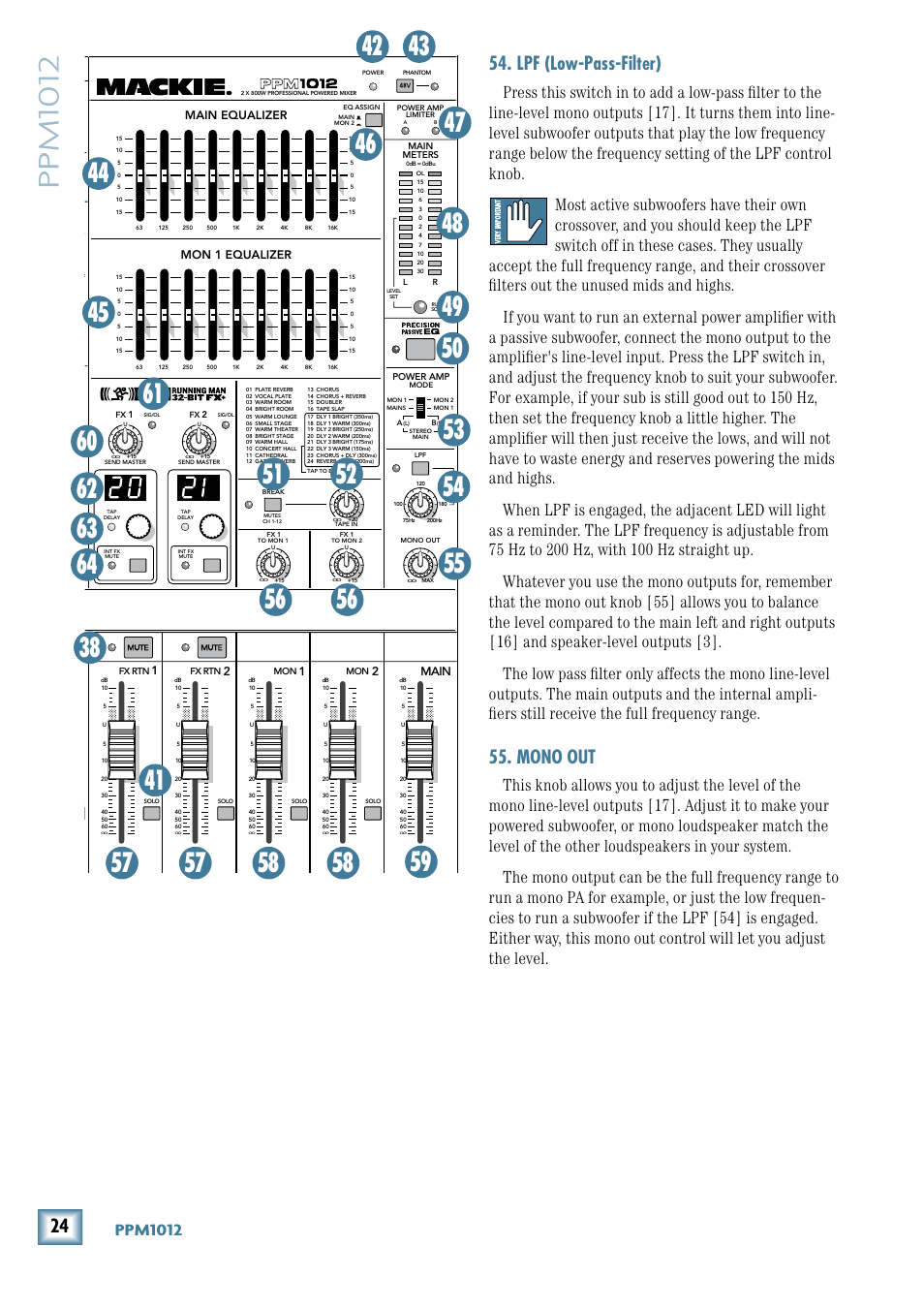 Lpf (low-pass-filter), Mono out, Lpf (low-pass-filter) 55. mono out | Ppm1012, Ppm101, Main equalizer mon 1 equalizer, 2main | MACKIE PPM1012 User Manual | Page 24 / 36