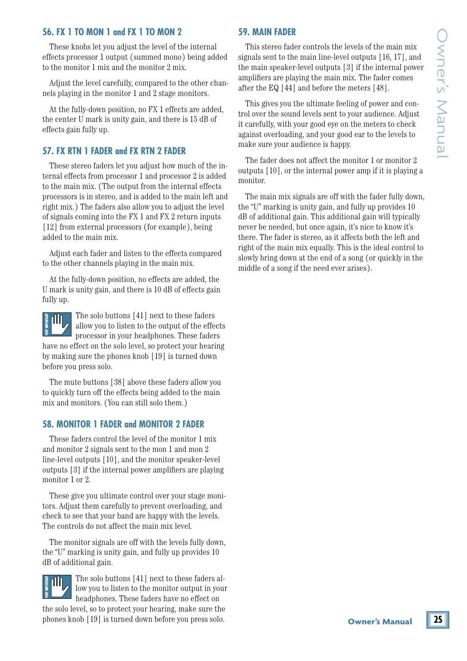 Fx 1 to mon 1 and fx 1 to mon 2, Fx rtn 1 fader and fx rtn 2 fader, Monitor 1 fader and monitor 2 fader | Main fader, Owner’ s manual | MACKIE PPM1012 User Manual | Page 25 / 36