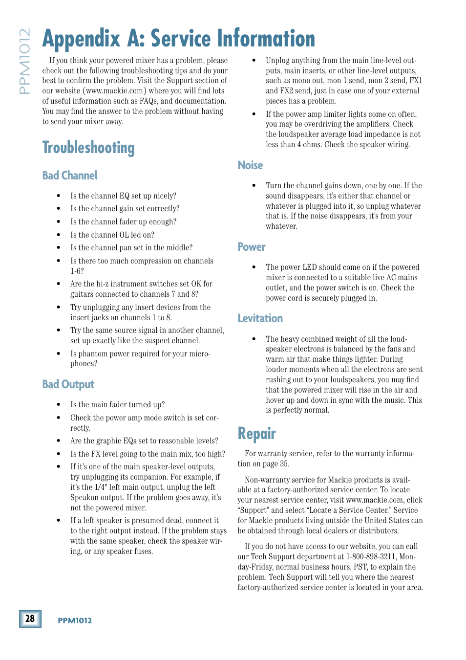 Appendix a: service information, Troubleshooting, Repair | Ppm1012, Bad channel, Bad output, Noise, Power, Levitation | MACKIE PPM1012 User Manual | Page 28 / 36