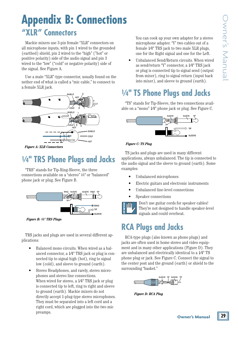 Appendix b: connections, Xlr” connectors, Trs phone plugs and jacks | Ts phone plugs and jacks, Rca plugs and jacks, Owner’ s manual | MACKIE PPM1012 User Manual | Page 29 / 36