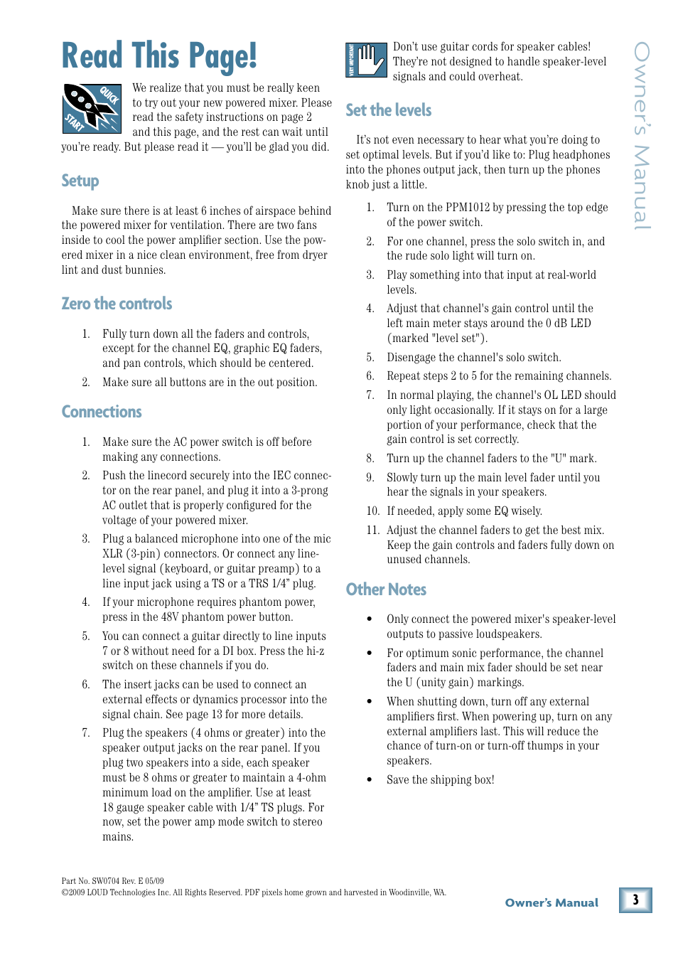 Read this page, Owner’ s manual, Set the levels | Setup, Zero the controls, Connections | MACKIE PPM1012 User Manual | Page 3 / 36