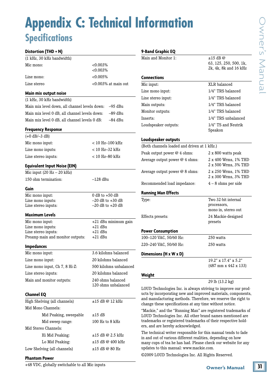 Appendix c: technical information, Specifications, Owner’ s manual | MACKIE PPM1012 User Manual | Page 31 / 36