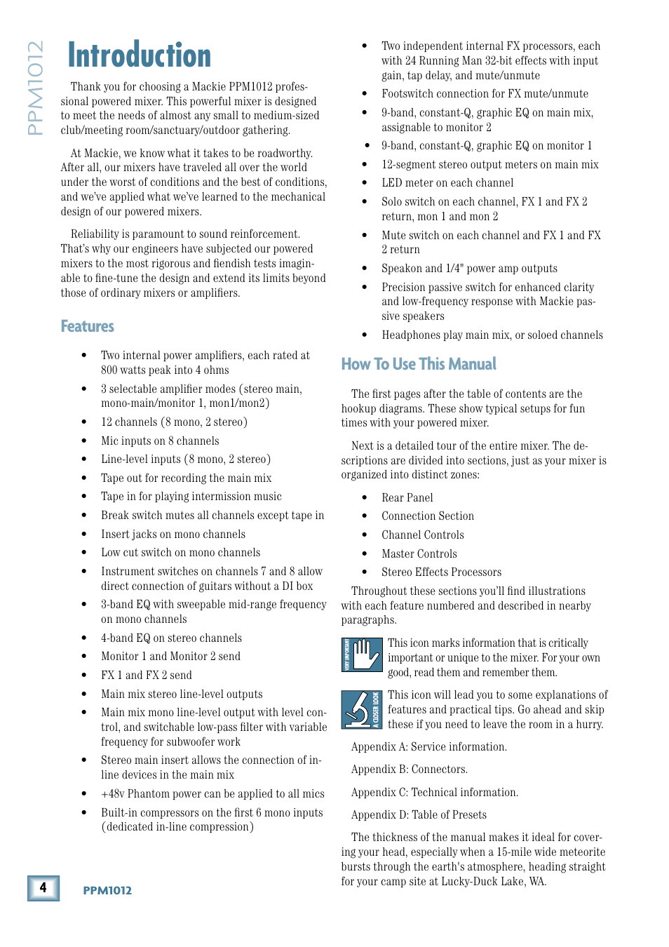 Introduction, Ppm1012, Features | How to use this manual | MACKIE PPM1012 User Manual | Page 4 / 36