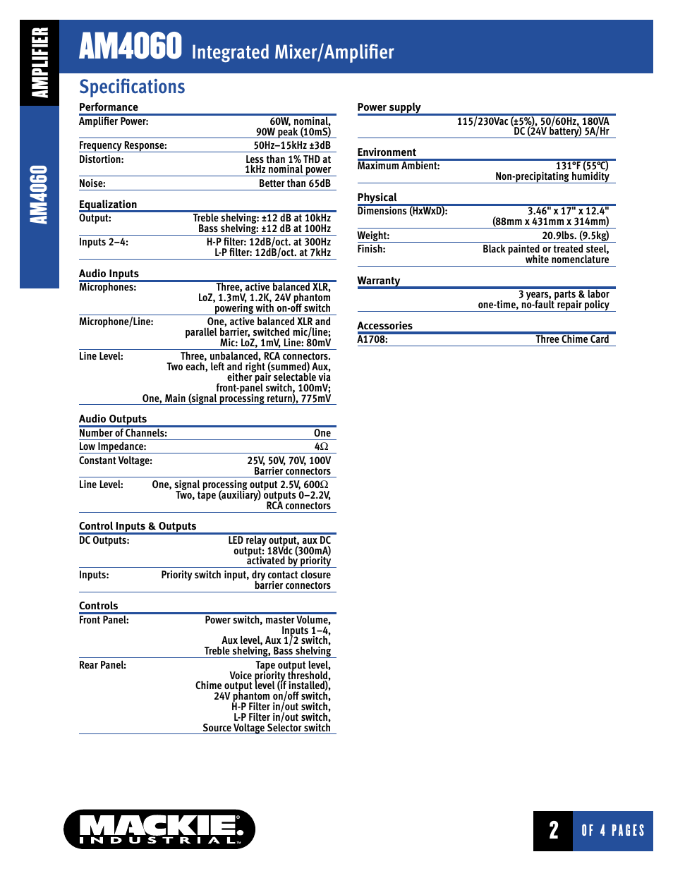 Am4060, Integrated mixer/amplifier, Amplifier | Specifications | MACKIE AM4060 User Manual | Page 2 / 4