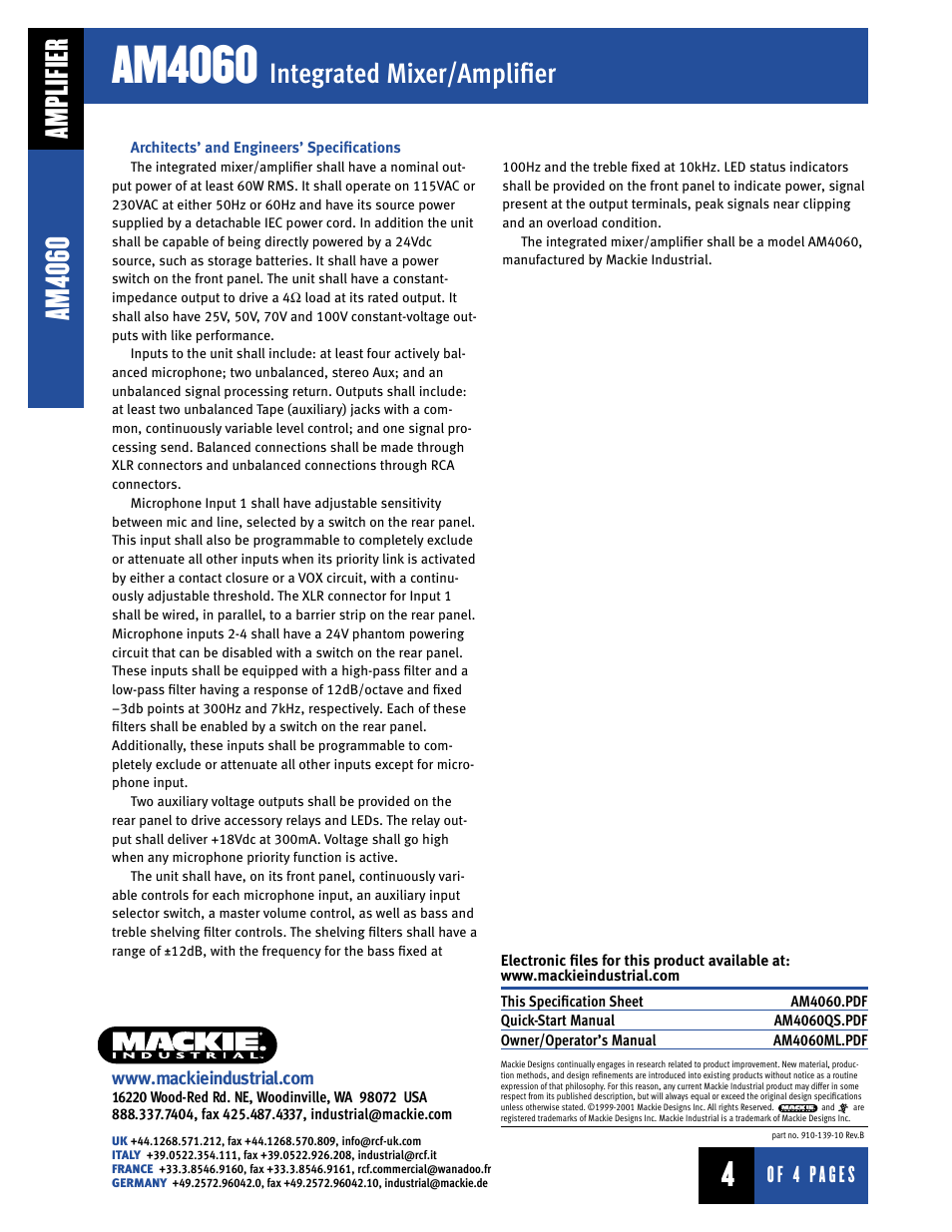 Am4060, Integrated mixer/amplifier, Amplifier | MACKIE AM4060 User Manual | Page 4 / 4