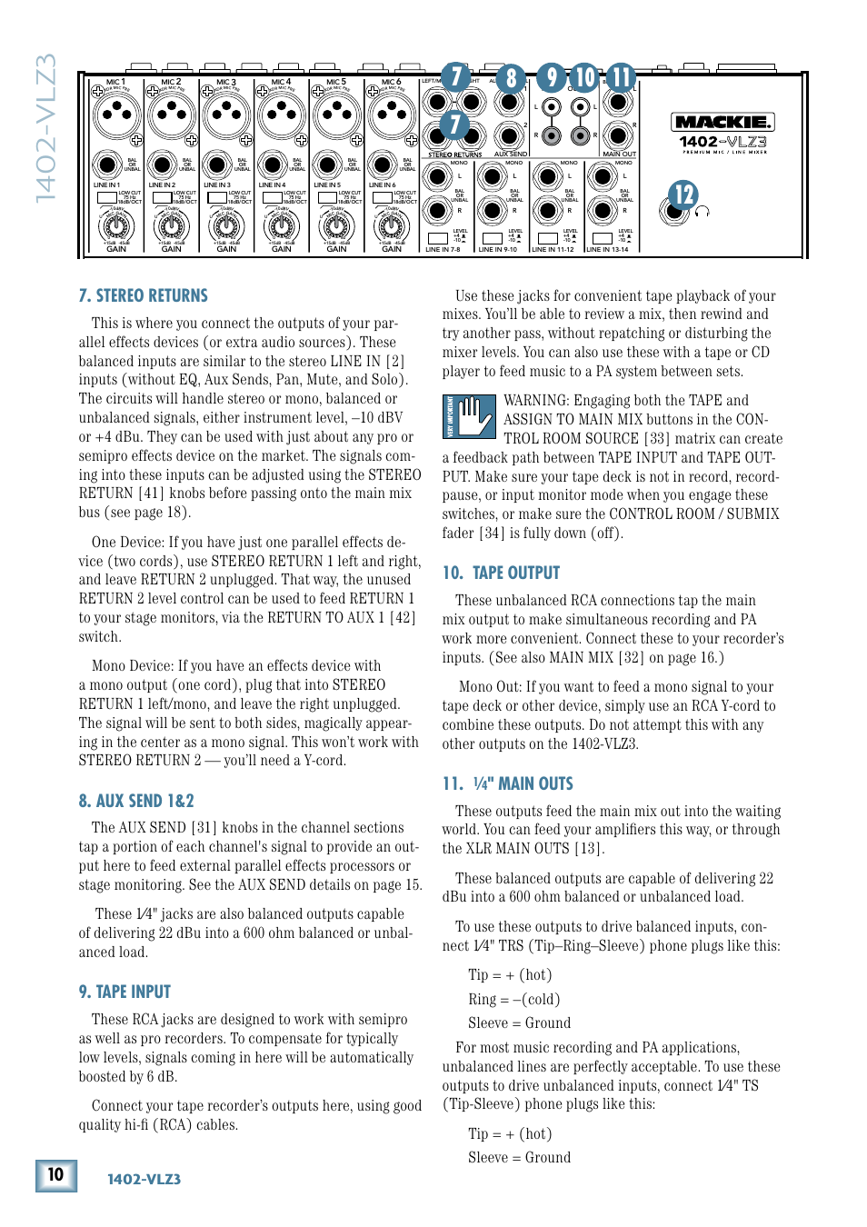Stereo returns, Aux send 1&2, Tape input | Tape output, 1⁄4" main outs, Main outs, 140-vlz3 | MACKIE 1402-VLZ3 User Manual | Page 10 / 28