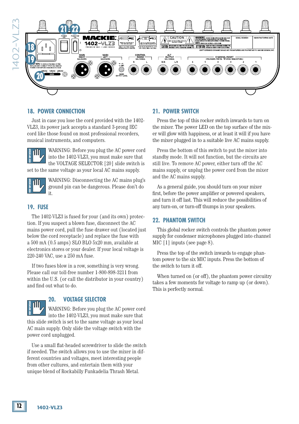 Power connection, Fuse, Voltage selector | Power switch, Phantom switch, 140-vlz3 | MACKIE 1402-VLZ3 User Manual | Page 12 / 28
