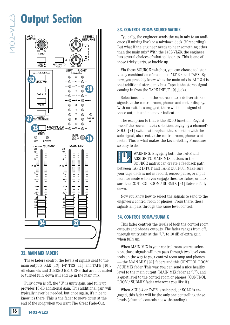 Output section, Main mix faders, Control room source matrix | Control room/submix, 140-vlz3, Gain | MACKIE 1402-VLZ3 User Manual | Page 16 / 28