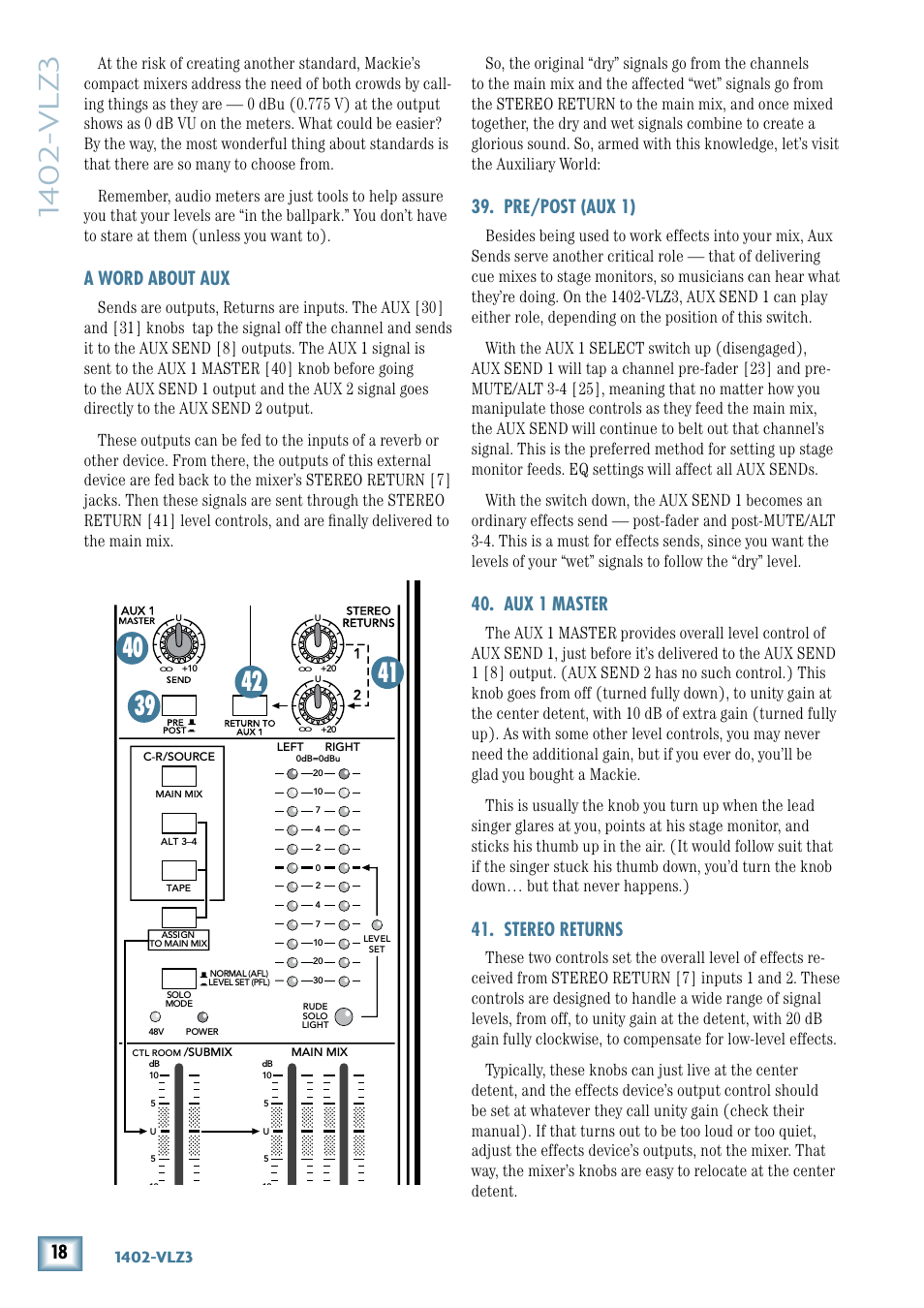 A word about aux, Pre/post (aux 1), Aux 1 master | Stereo returns, 140-vlz3, Gain | MACKIE 1402-VLZ3 User Manual | Page 18 / 28