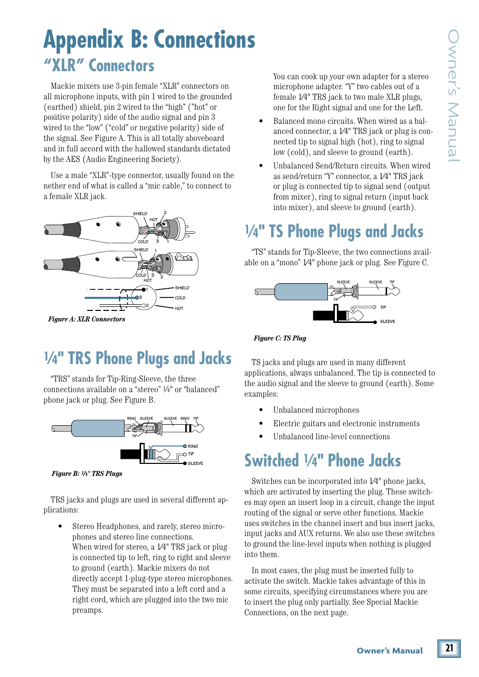 Appendix b: connections, Xlr” connectors, Trs phone plugs and jacks | Ts phone plugs and jacks, Switched, Phone jacks, Owner’ s manual | MACKIE 1402-VLZ3 User Manual | Page 21 / 28