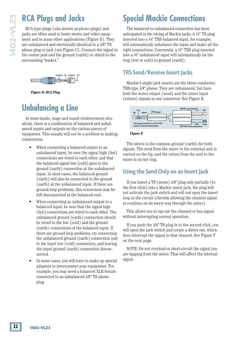 Special mackie connections, Rca plugs and jacks, Unbalancing a line | Trs send/receive insert jacks, Using the send only on an insert jack | MACKIE 1402-VLZ3 User Manual | Page 22 / 28