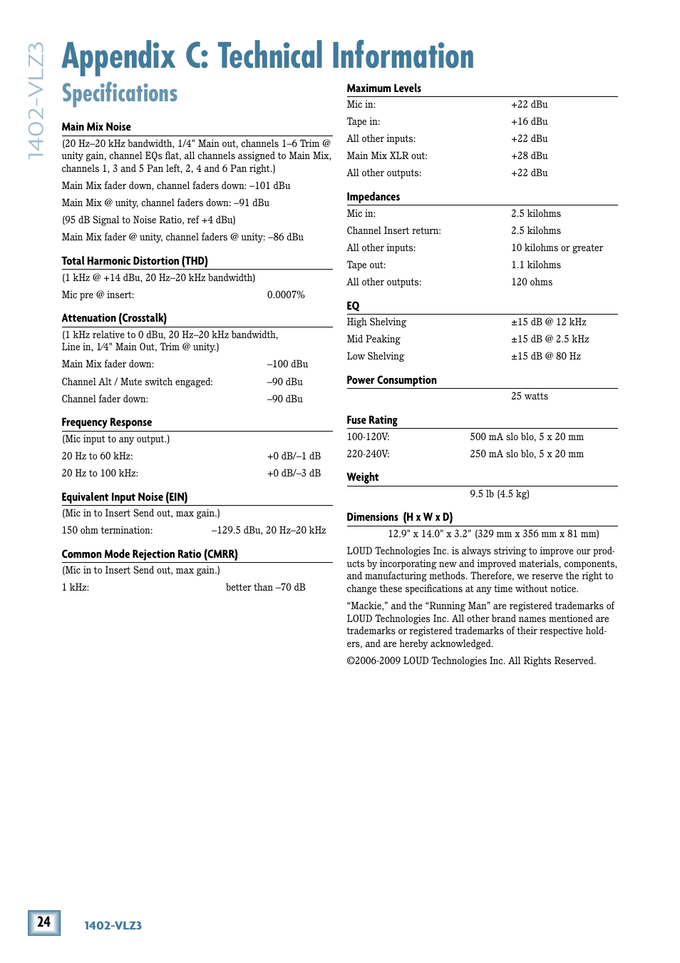 Appendix c: technical information, Specifications, Appendix c: technical information specifications | MACKIE 1402-VLZ3 User Manual | Page 24 / 28