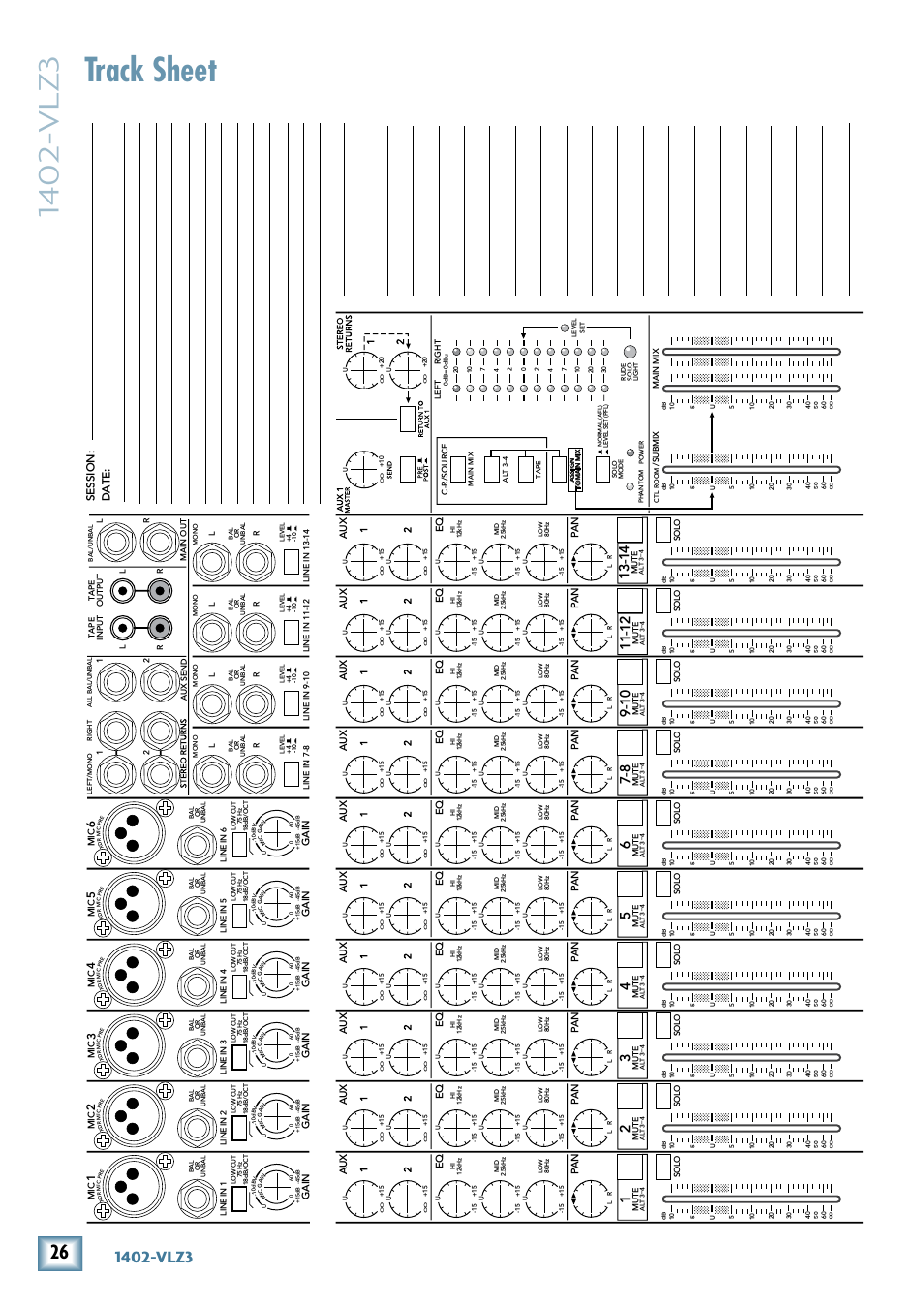 Track sheet, 140-vlz3, Session: date | Ga in g a in g a in g a in g a in g a in, Au x | MACKIE 1402-VLZ3 User Manual | Page 26 / 28