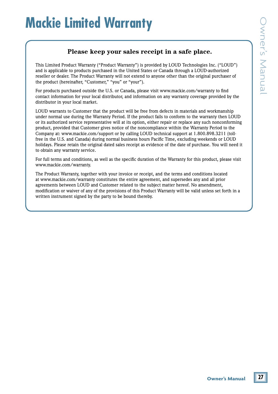 1402-vlz3 limited warranty, Mackie limited warranty, Owner’ s manual | MACKIE 1402-VLZ3 User Manual | Page 27 / 28