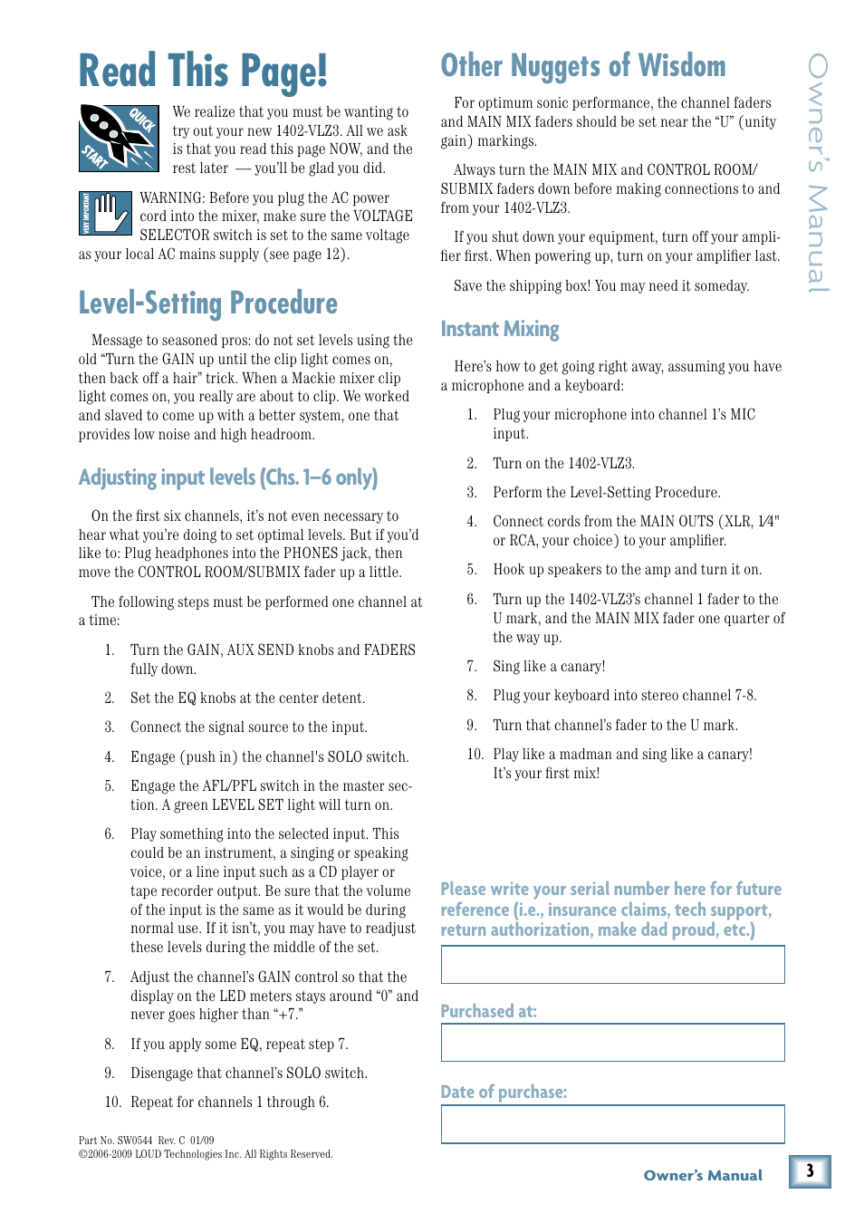 Read this page, Other nuggets of wisdom, Level-setting procedure | Owner’ s manual, Instant mixing, Adjusting input levels (chs. 1–6 only) | MACKIE 1402-VLZ3 User Manual | Page 3 / 28