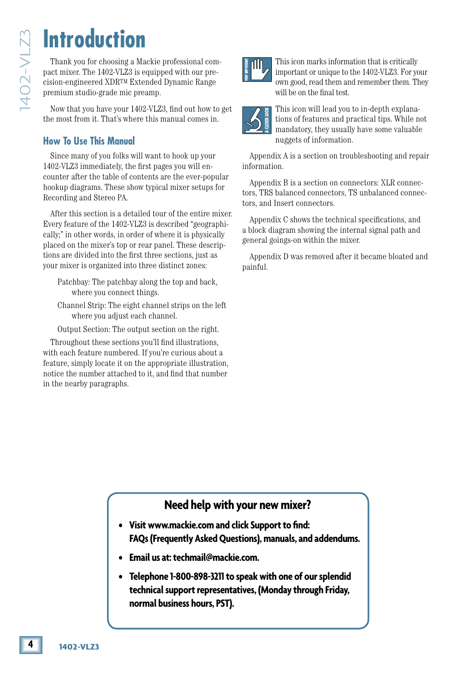 Introduction, Need help with your new mixer | MACKIE 1402-VLZ3 User Manual | Page 4 / 28