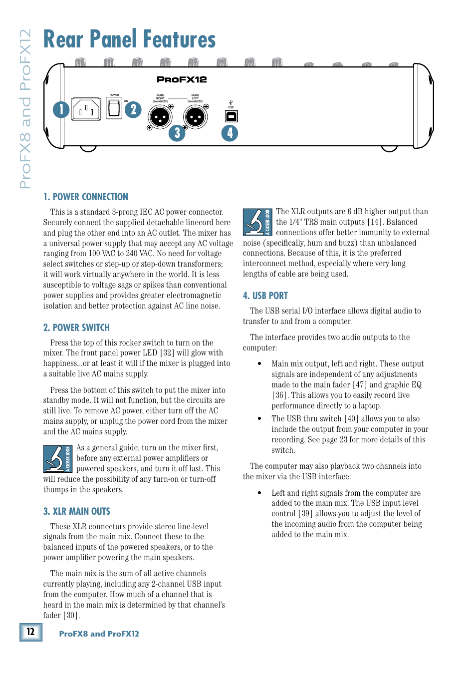 Rear panel features, Pr ofx8 and pr ofx12, Power connection | Power switch, Xlr main outs, Usb port, Profx8 and profx12, Mon main, 11/12 st rtn fx rtn | MACKIE ProFX12 User Manual | Page 12 / 33