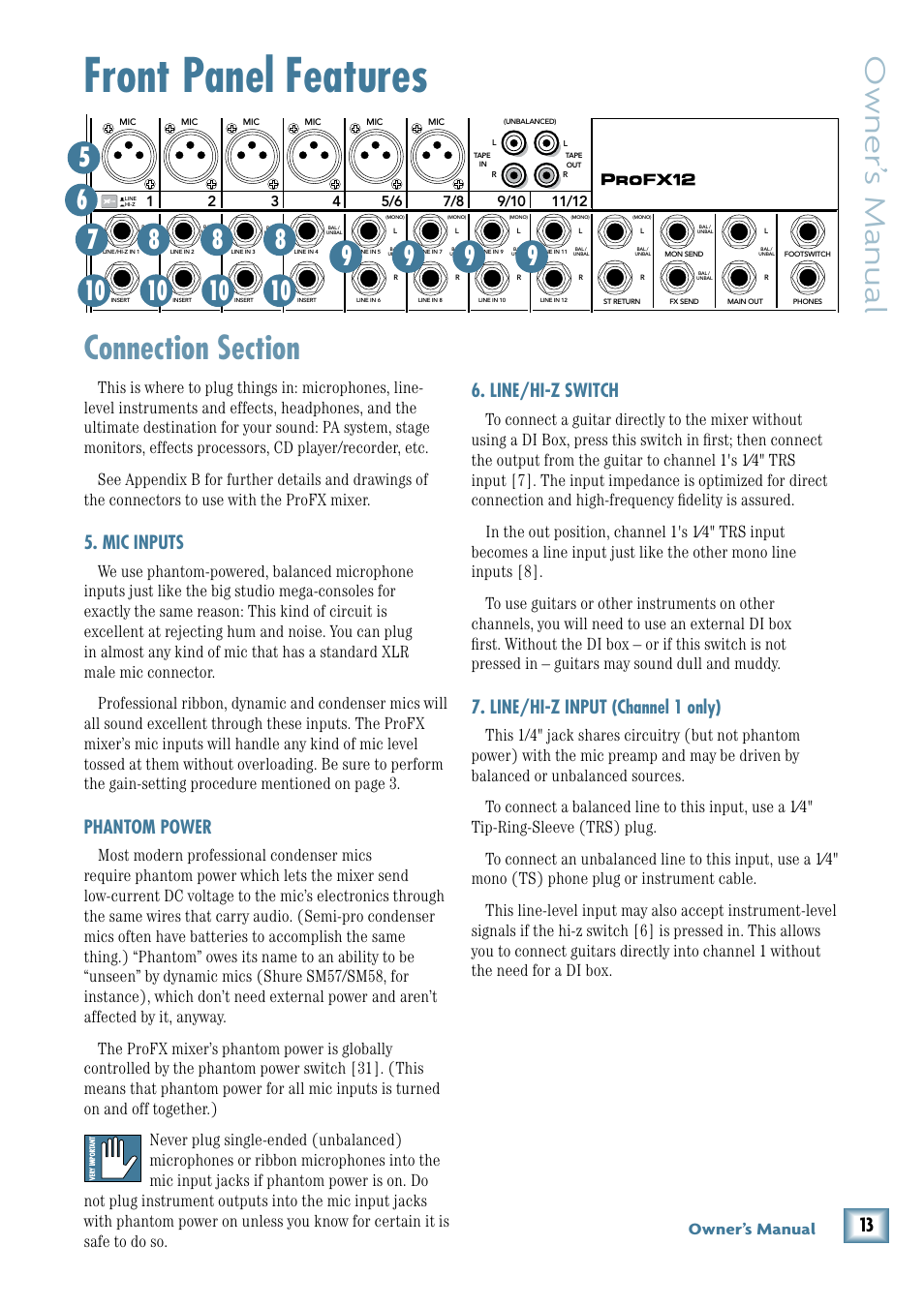 Front panel features, Owner’ s manual, Mic inputs | Phantom power, Line/hi-z switch, Line/hi-z input (channel 1 only), Owner’s manual, Mon main, 11/12 st rtn fx rtn | MACKIE ProFX12 User Manual | Page 13 / 33