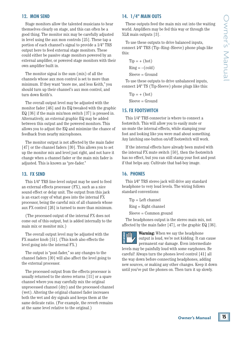 Owner’ s manual | MACKIE ProFX12 User Manual | Page 15 / 33