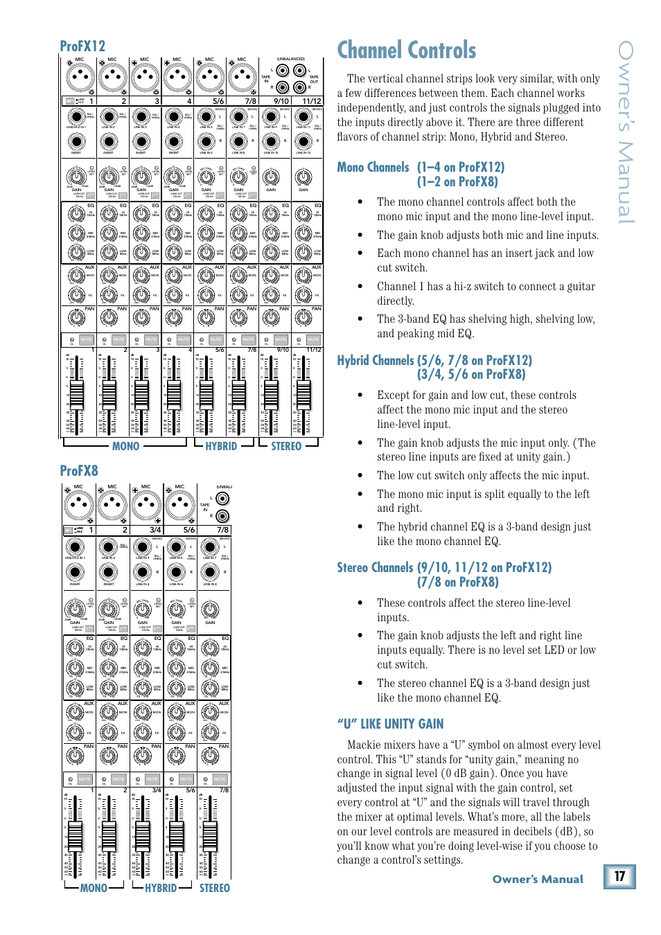 Channel controls, Owner’ s manual, Profx12 profx8 | U” like unity gain, Owner’s manual, Mono hybrid stereo mono hybrid stereo, Mon main, 7/8 st rtn fx rtn | MACKIE ProFX12 User Manual | Page 17 / 33