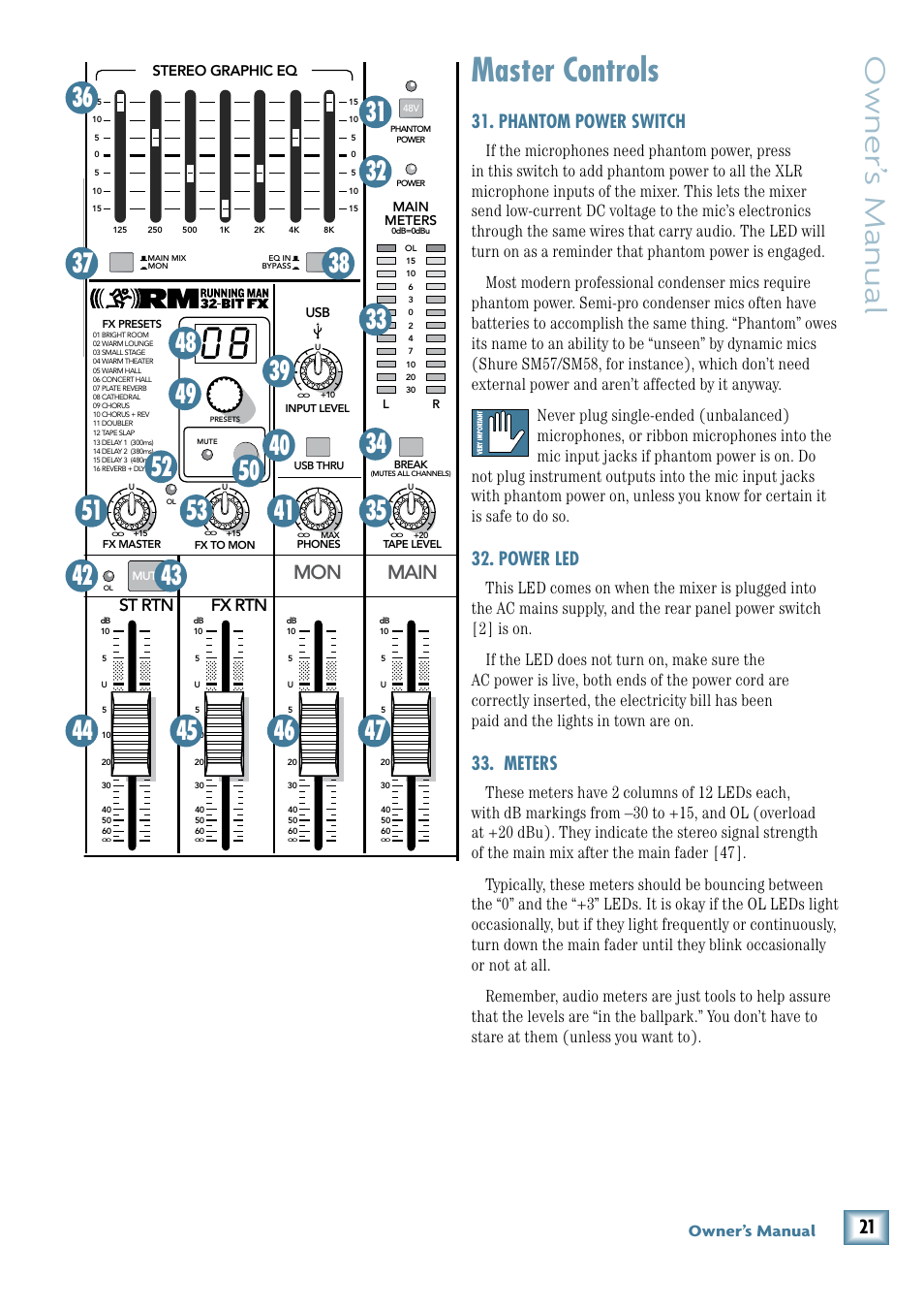 Master controls, Owner’ s manual, Mon main | Phantom power switch, Power led, Meters, Owner’s manual, 11/12 st rtn fx rtn, Stereo graphic eq, Pan aux | MACKIE ProFX12 User Manual | Page 21 / 33