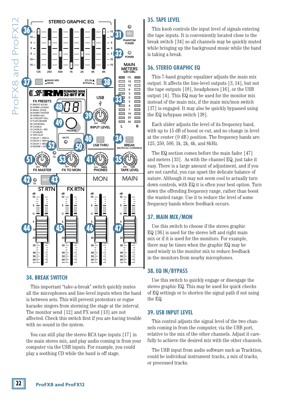 Pr ofx8 and pr ofx12, Mon main, Break switch | Tape level, Stereo graphic eq, Main mix/mon, Eq in/bypass, Usb input level, Profx8 and profx12, 11/12 st rtn fx rtn | MACKIE ProFX12 User Manual | Page 22 / 33