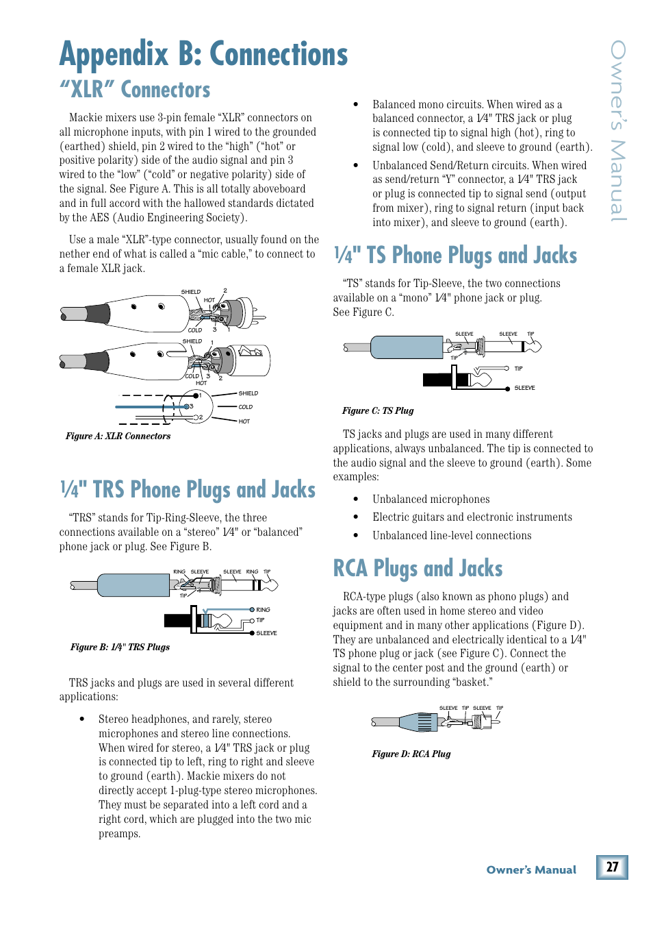 Appendix b: connections, Xlr” connectors, Trs phone plugs and jacks | Ts phone plugs and jacks, Rca plugs and jacks, Owner’ s manual | MACKIE ProFX12 User Manual | Page 27 / 33