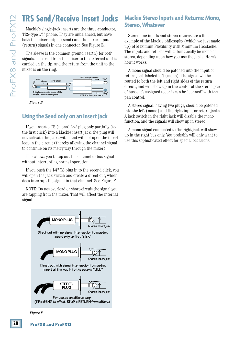 Trs send/receive insert jacks, Pr ofx8 and pr ofx12, Using the send only on an insert jack | MACKIE ProFX12 User Manual | Page 28 / 33